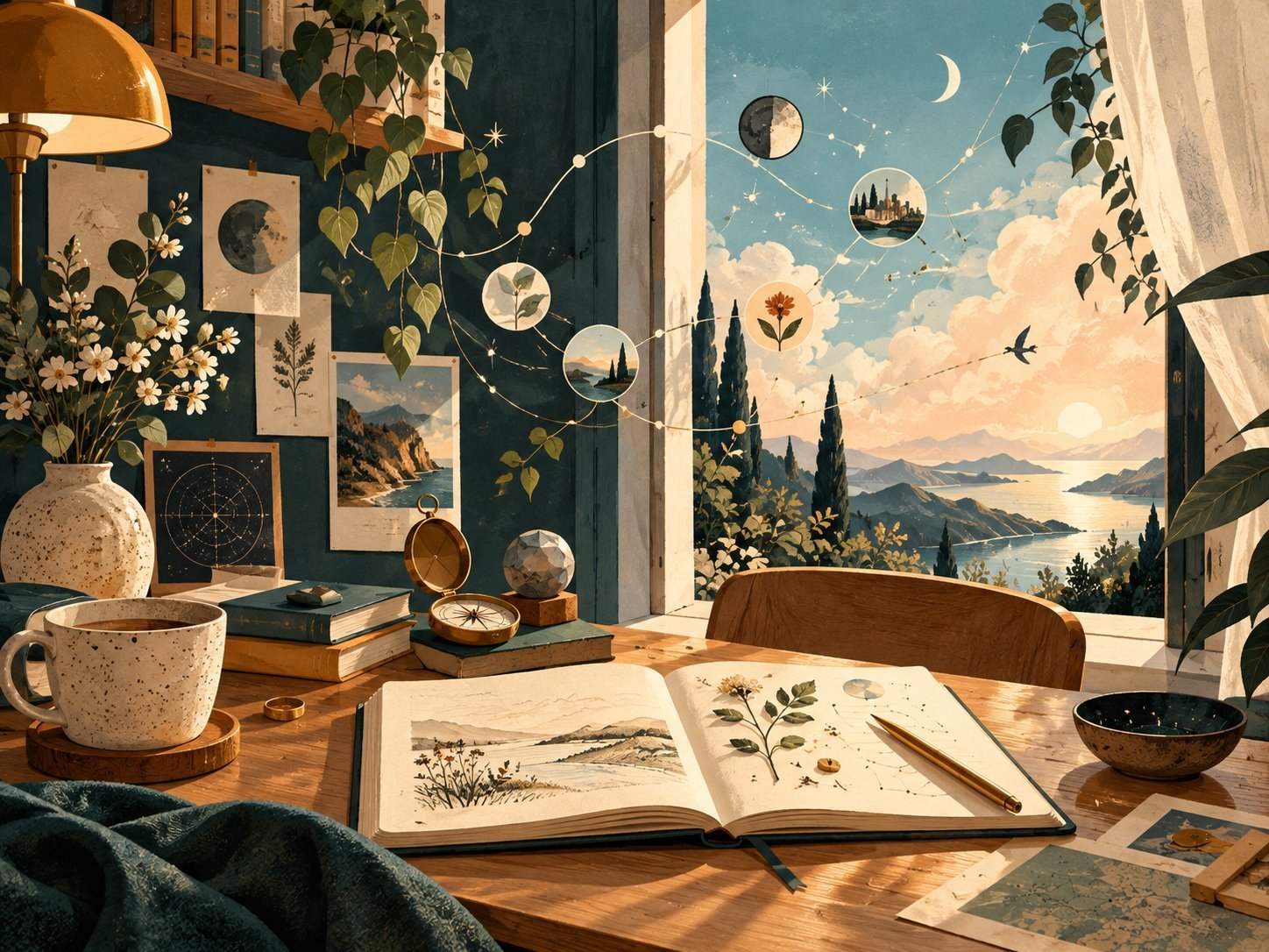 Carnet ouvert dans un atelier poétique, face à une fenêtre donnant sur un paysage imaginaire traversé de constellations